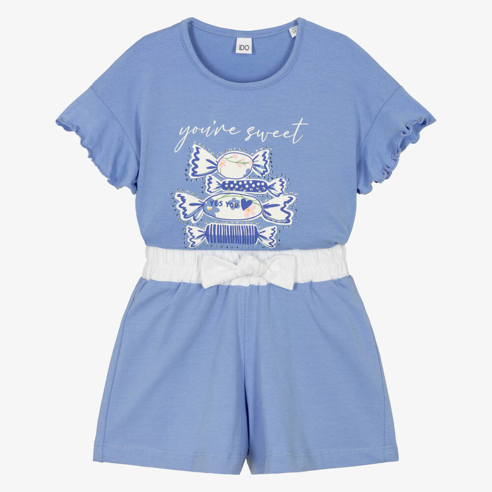 iDO-Girls Blue Cotton Shorts Set with Sweets Graphic | Childrensalon Outlet