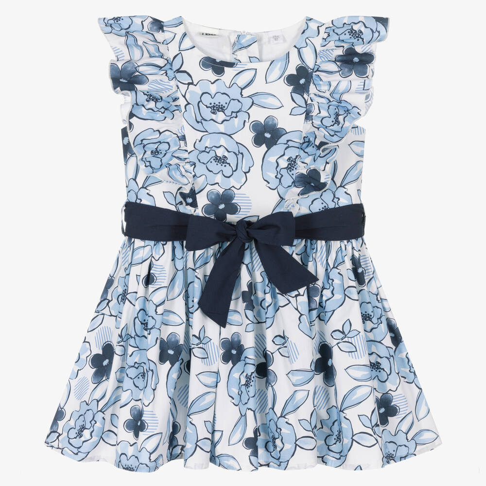 iDO Baby - فستان بحزام قطن بوبلين لون أزرق بطبعة ورود | Childrensalon