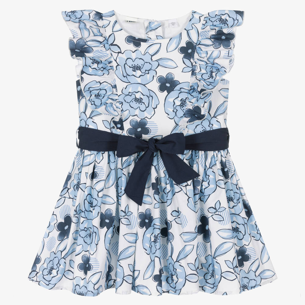 iDO Baby - Girls Blue Floral Cotton Dress | Childrensalon