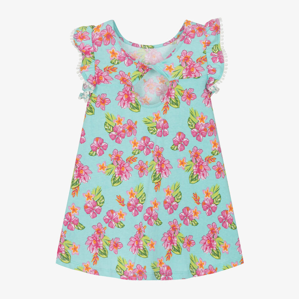 iDO Baby-فستان قطن جيرسي لون أزرق تركواز بطبعة ورود | Childrensalon Outlet