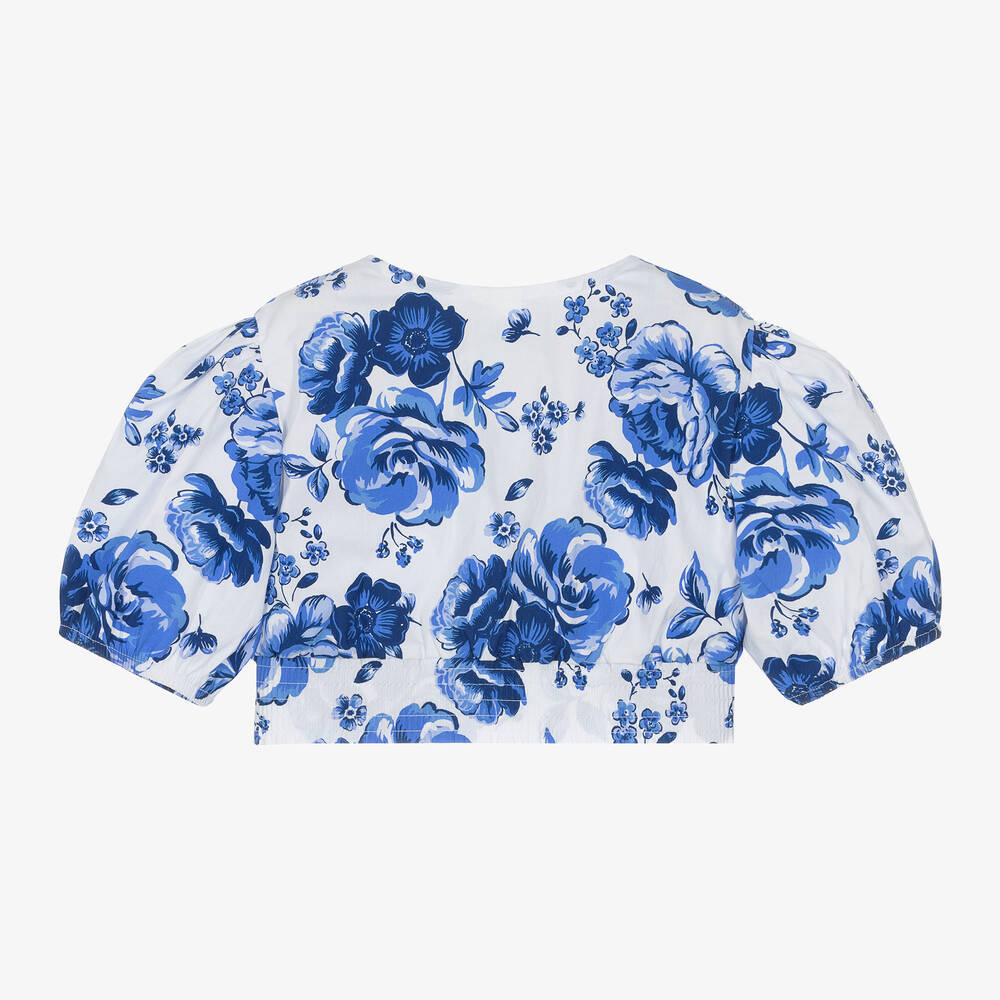 آي دو Junior-بلوزة كروب قطن بوبلين لون أبيض وأزرق بطبعة ورود | Childrensalon Outlet