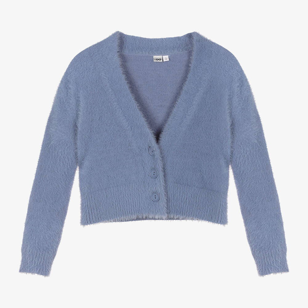 iDO Junior - Girls Blue Fluffy Knit Cardigan | Childrensalon