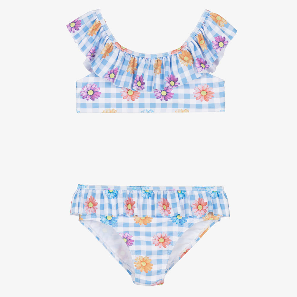 iDO-Girls Blue Gingham Check Bikini with Floral Print | Childrensalon Outlet