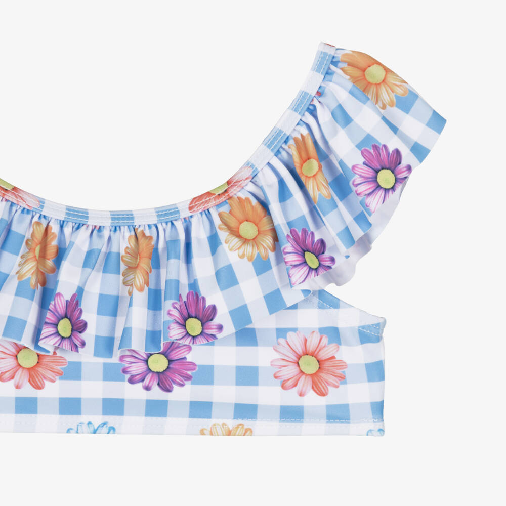 iDO-Girls Blue Gingham Check Bikini with Floral Print | Childrensalon Outlet