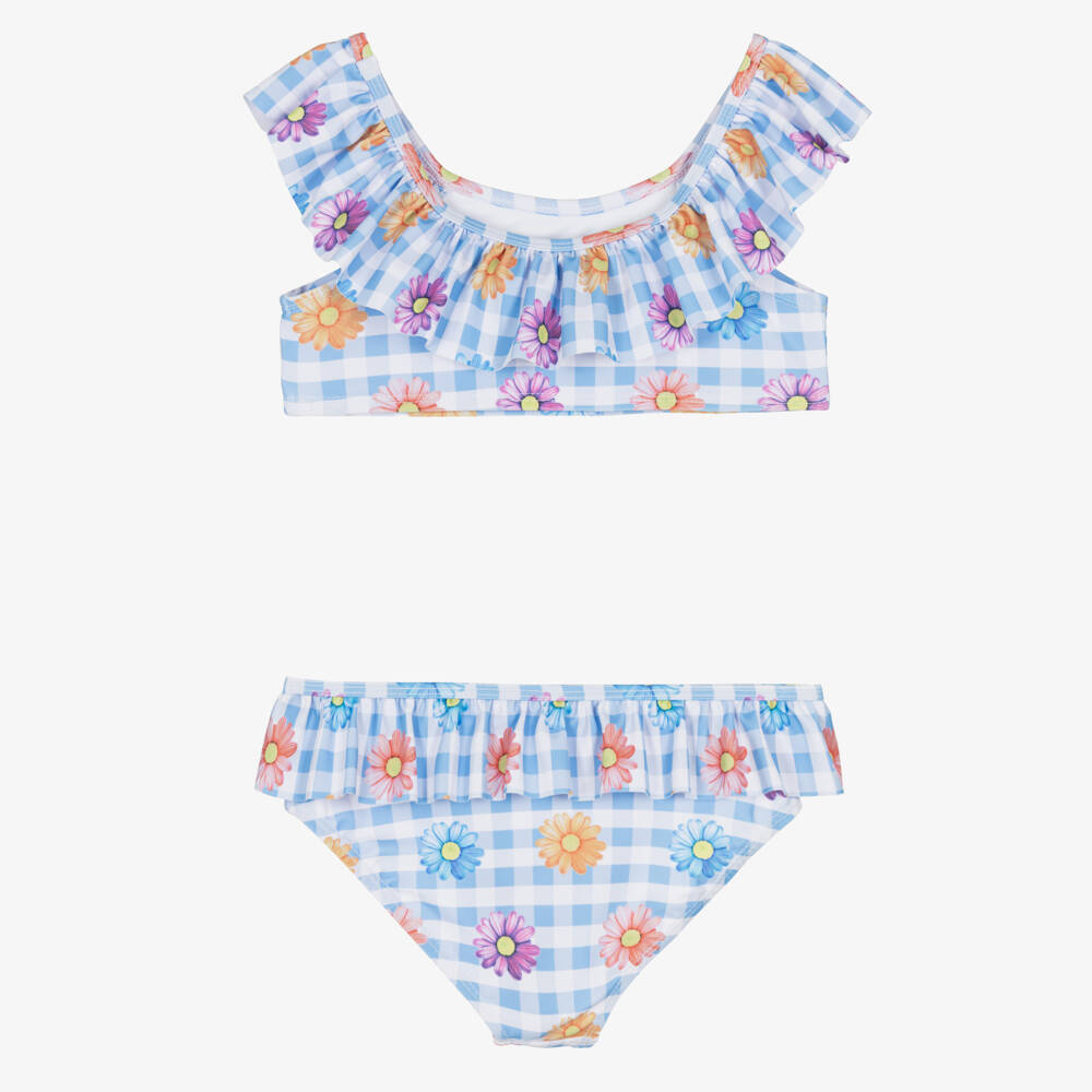 iDO-Girls Blue Gingham Check Bikini with Floral Print | Childrensalon Outlet