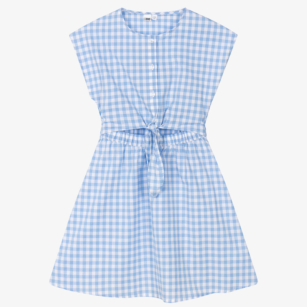 iDO Junior - Girls Blue Gingham Cotton Dress | Childrensalon