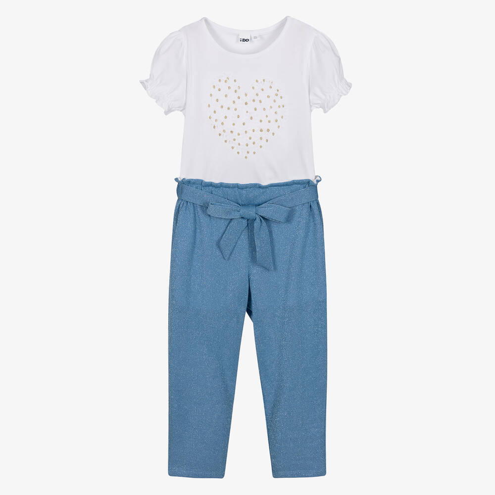 iDO Baby - Girls Blue Glitter Trouser Set | Childrensalon