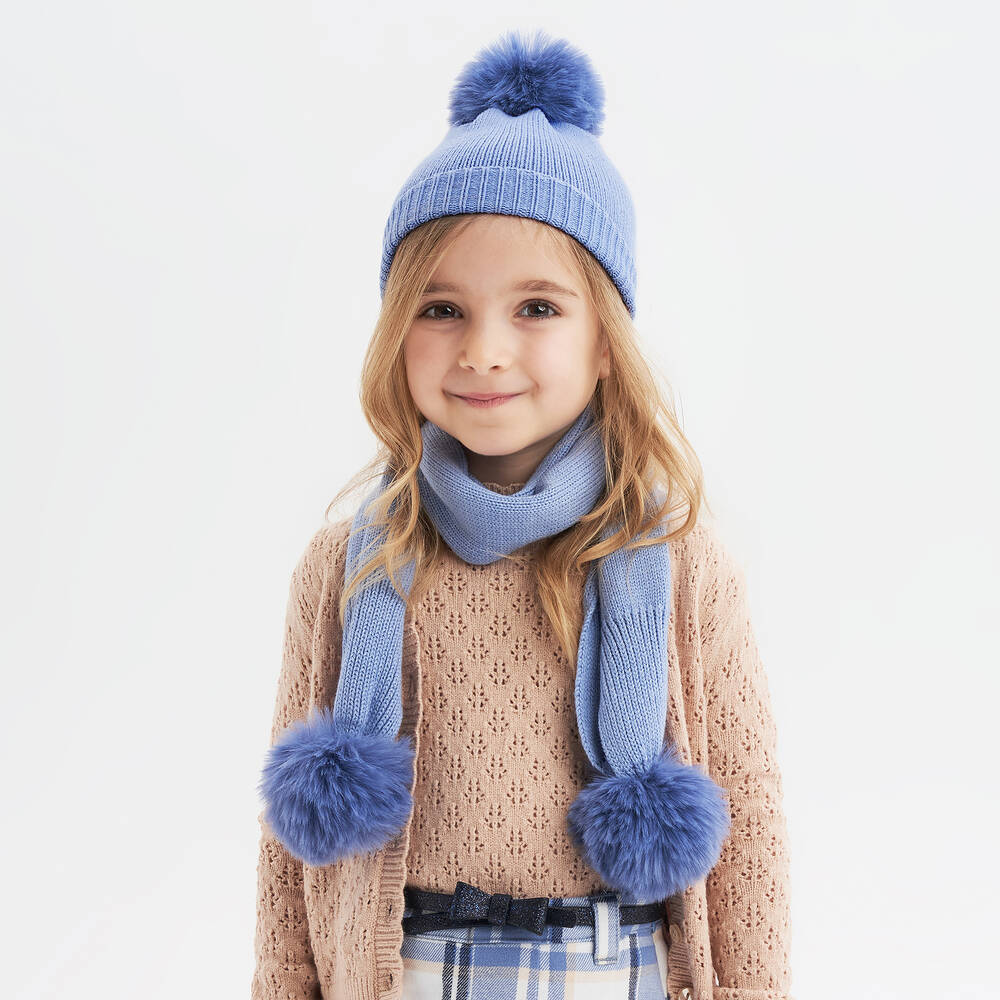 iDO Baby-Girls Blue Knitted Pom Pom Scarf | Childrensalon Outlet