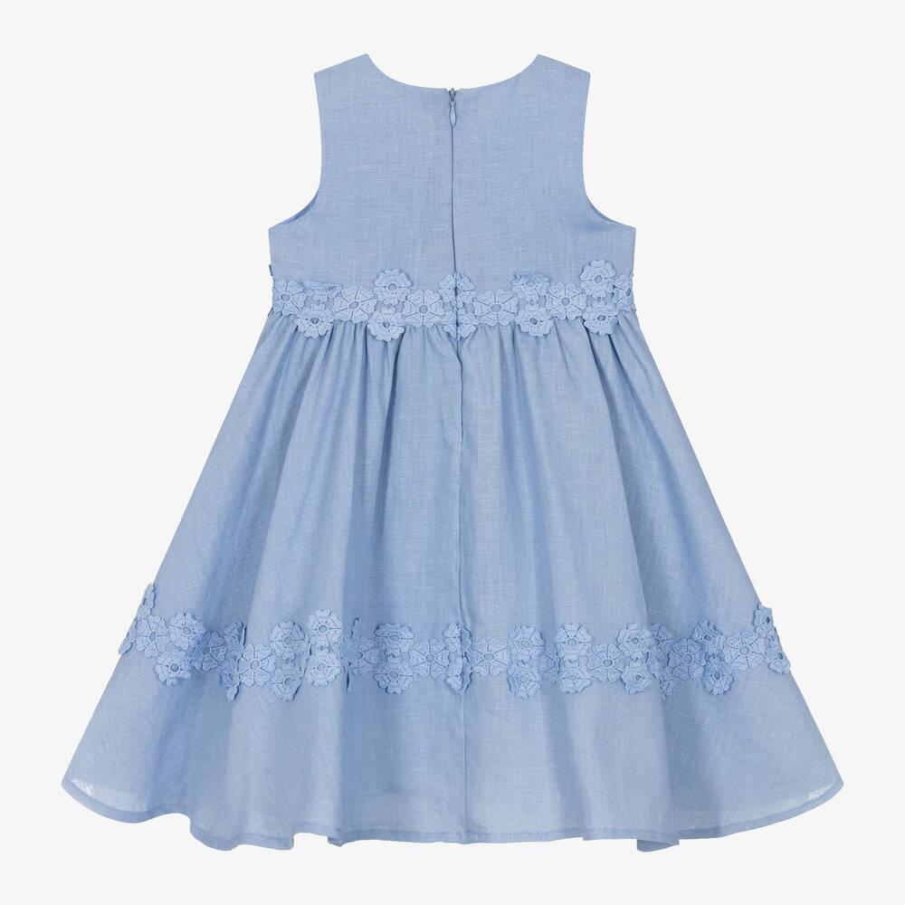 iDO Baby-Girls Blue Linen Flower Dress | Childrensalon Outlet