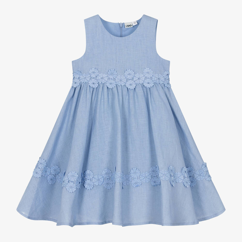 iDO Baby-Girls Blue Linen Flower Dress | Childrensalon Outlet