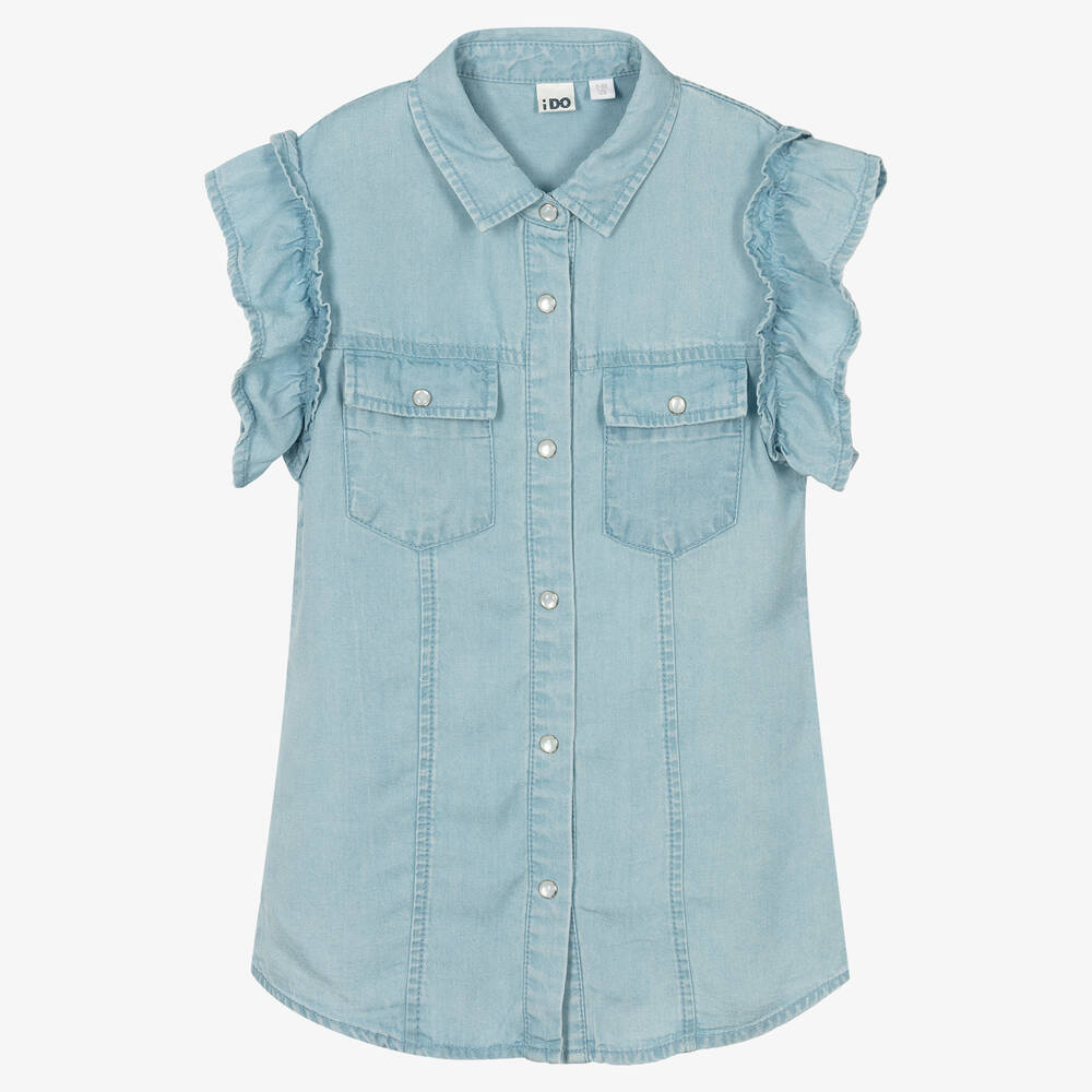 iDO Junior - Girls Blue Ruffled Chambray Shirt | Childrensalon