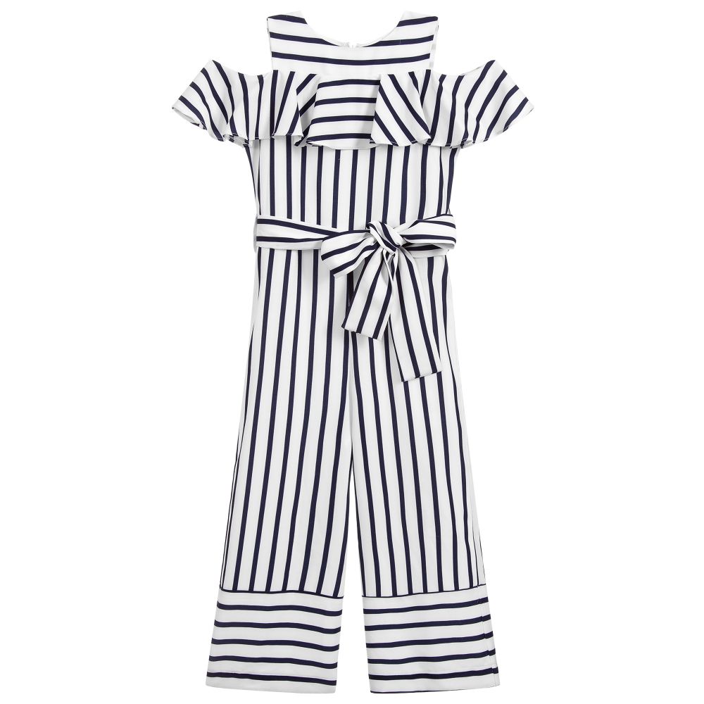 iDO Junior - Girls Blue Striped Jumpsuit | Childrensalon