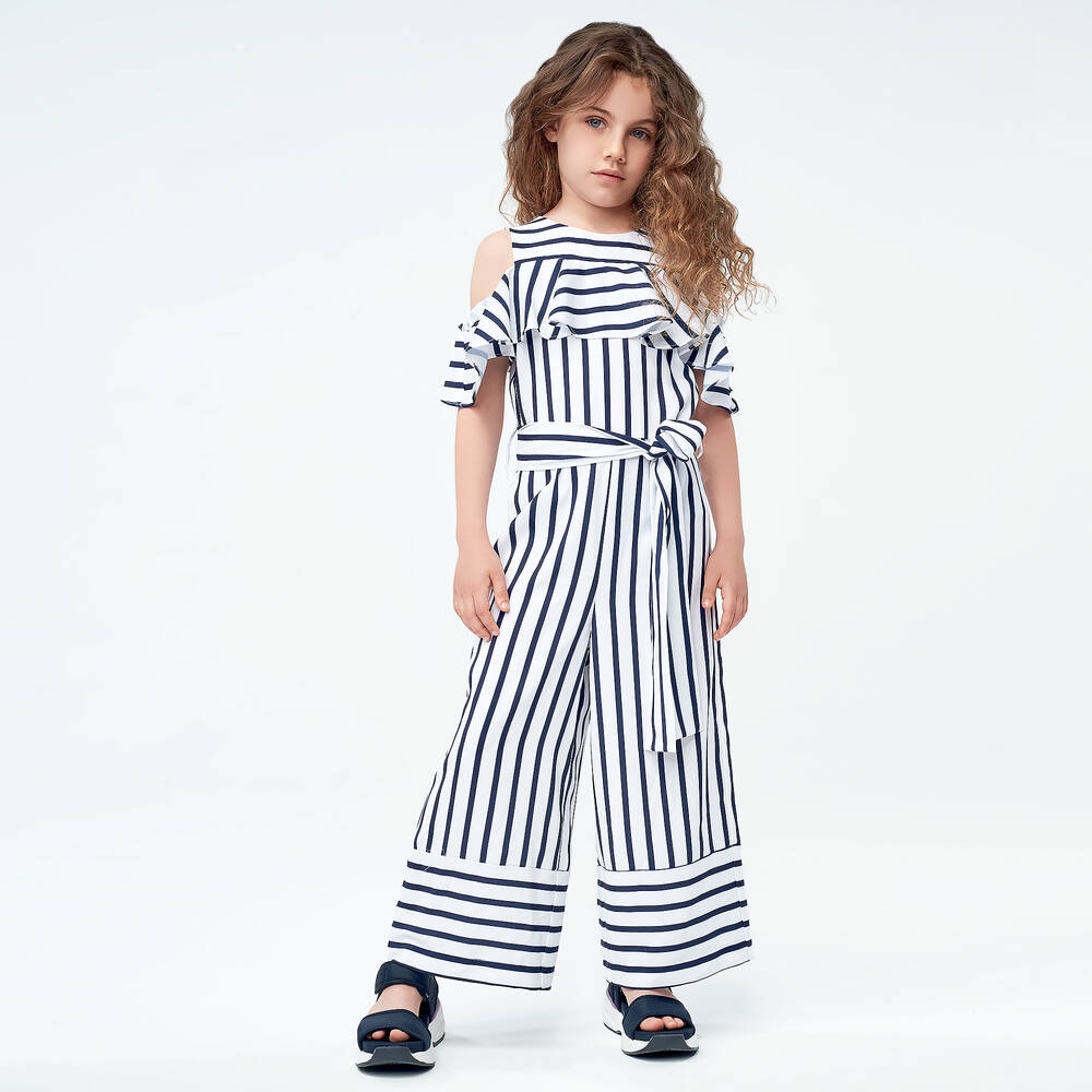 iDO Junior Girls Blue Striped Jumpsuit Childrensalon Outlet