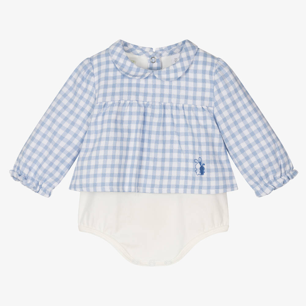 iDO Mini - Girls Blue & White Gingham Cotton Bodysuit | Childrensalon