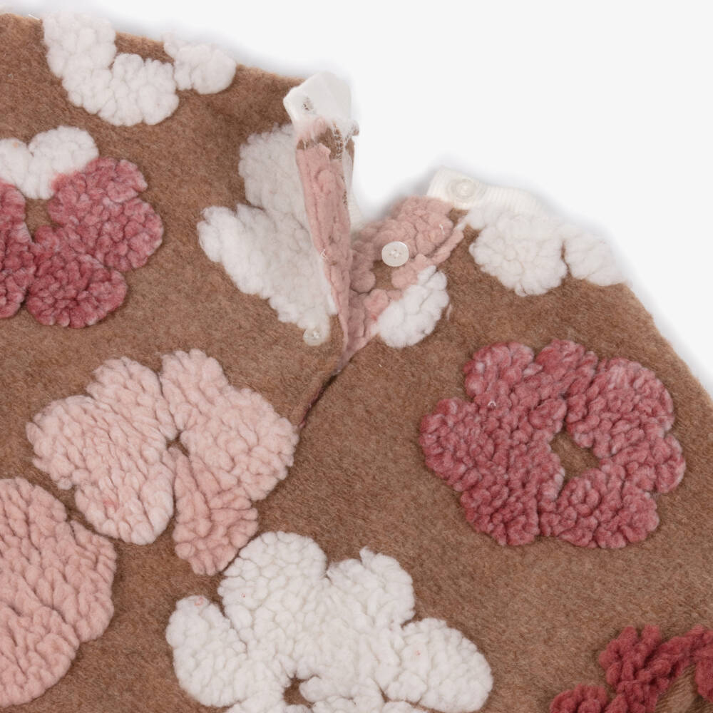 iDO-Girls Dark Beige Sweatshirt with Pink Teddy Fleece Flowers | Childrensalon Outlet