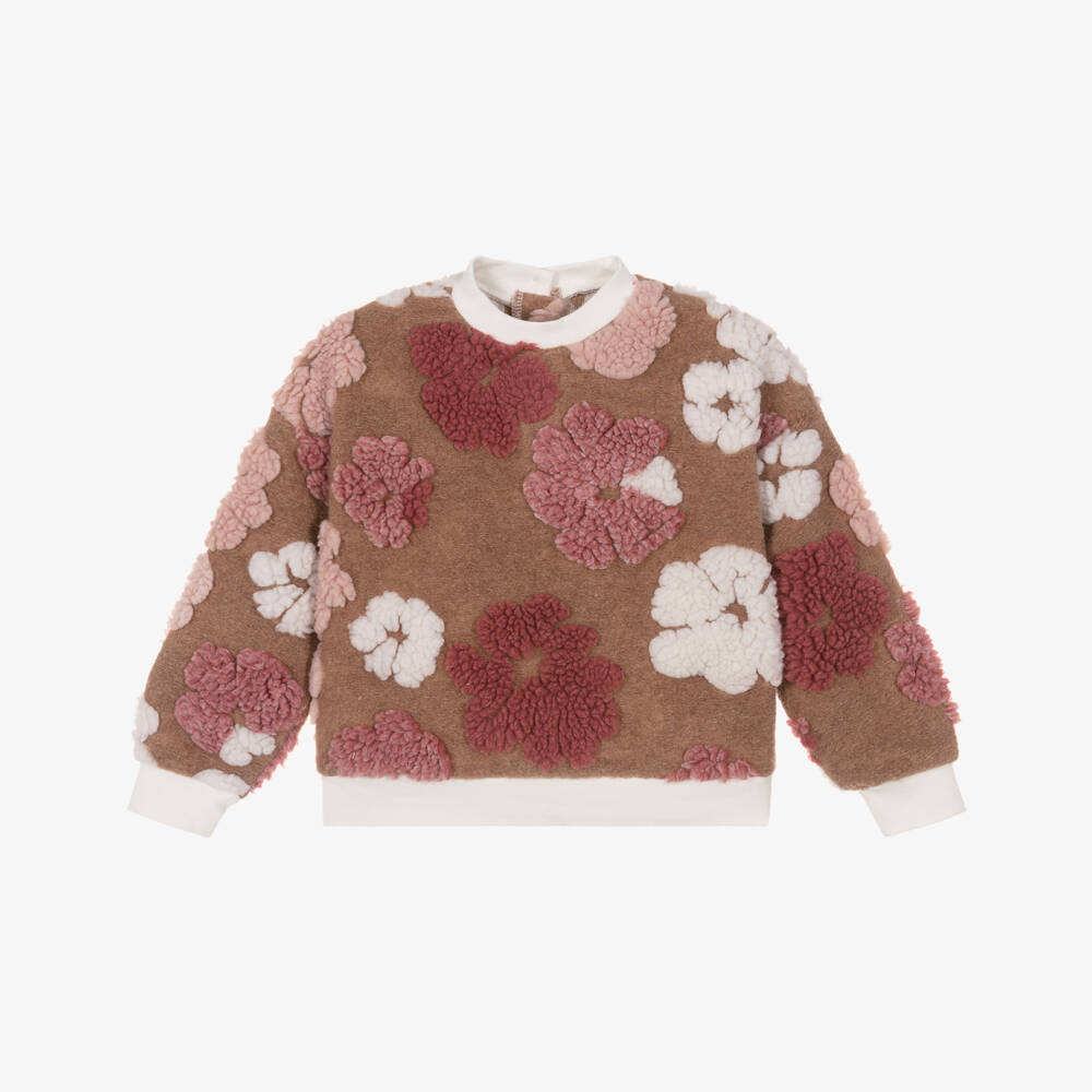iDO-Girls Dark Beige Sweatshirt with Pink Teddy Fleece Flowers | Childrensalon Outlet