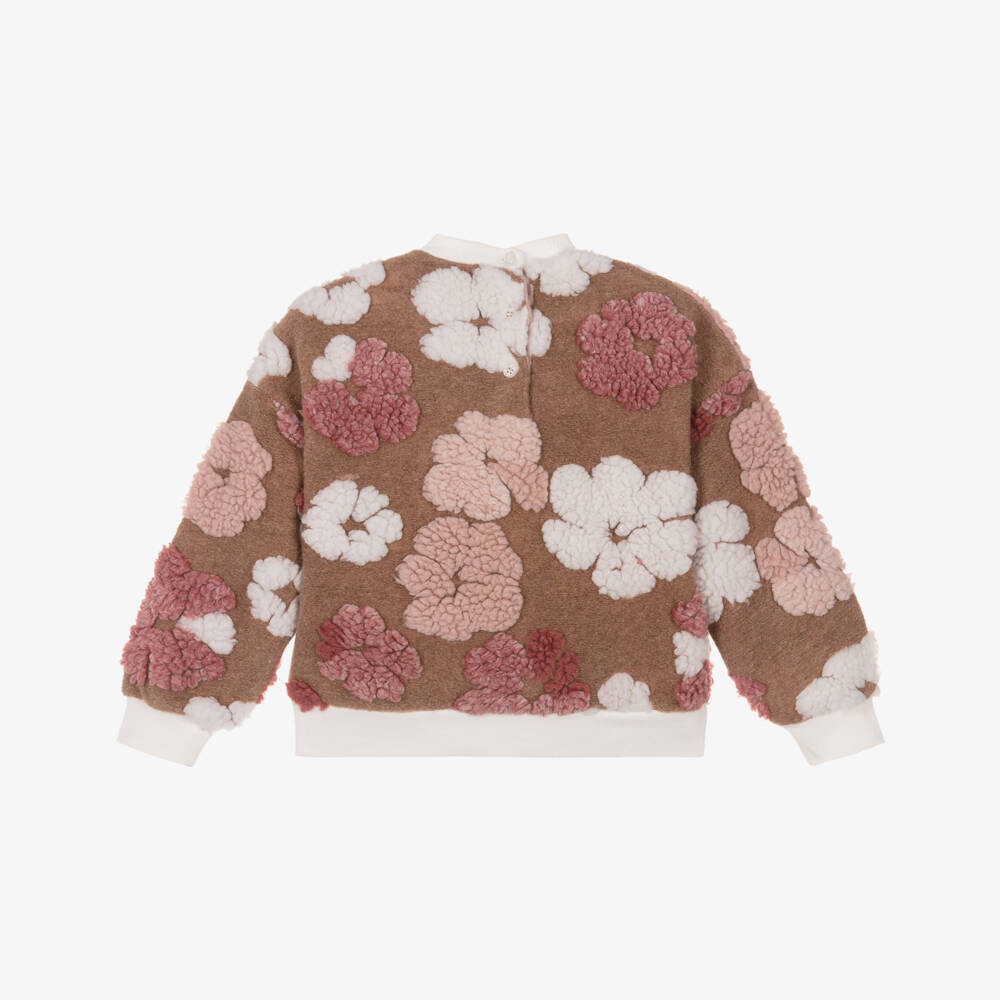 iDO-Girls Dark Beige Sweatshirt with Pink Teddy Fleece Flowers | Childrensalon Outlet