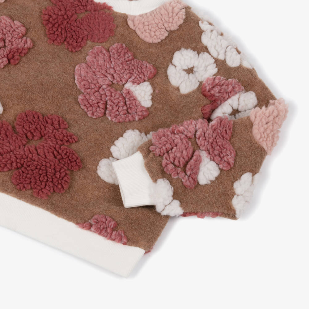 iDO-Girls Dark Beige Sweatshirt with Pink Teddy Fleece Flowers | Childrensalon Outlet