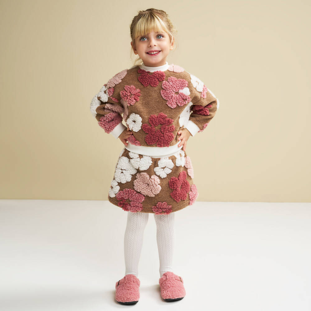 iDO-Girls Dark Beige Sweatshirt with Pink Teddy Fleece Flowers | Childrensalon Outlet