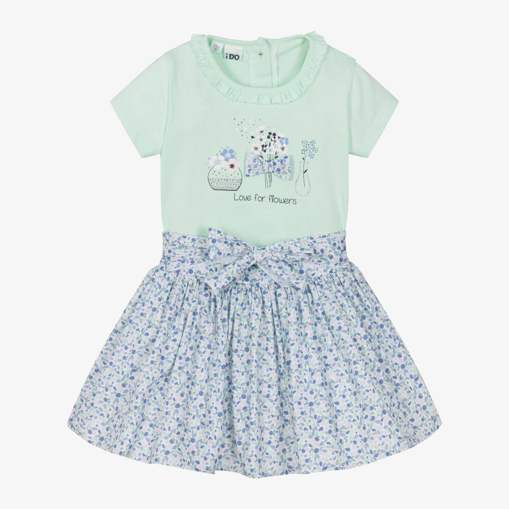 iDO Baby-Girls Green Cotton Floral Skirt Set | Childrensalon Outlet