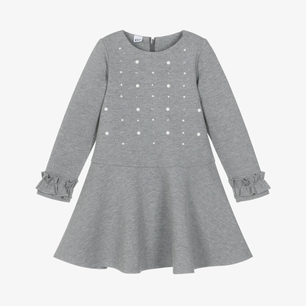 iDO-Girls Grey Jersey Dress with Diamantés and Ruffle Trims | Childrensalon Outlet