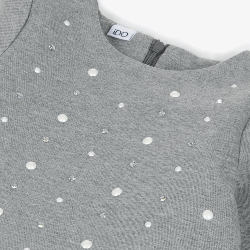 iDO-Girls Grey Jersey Dress with Diamantés and Ruffle Trims | Childrensalon Outlet