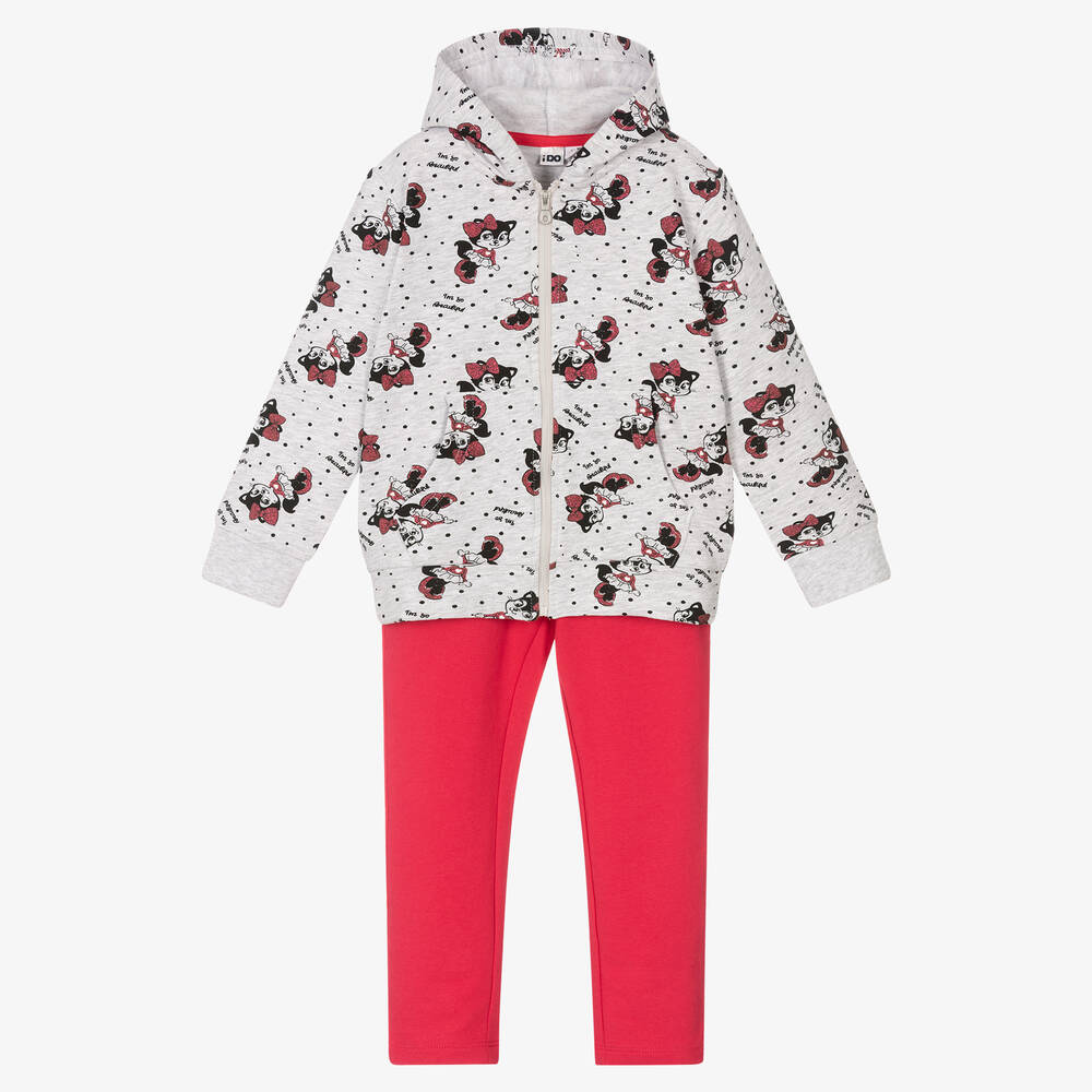 iDO Baby - Girls Grey & Pink Cat Tracksuit | Childrensalon