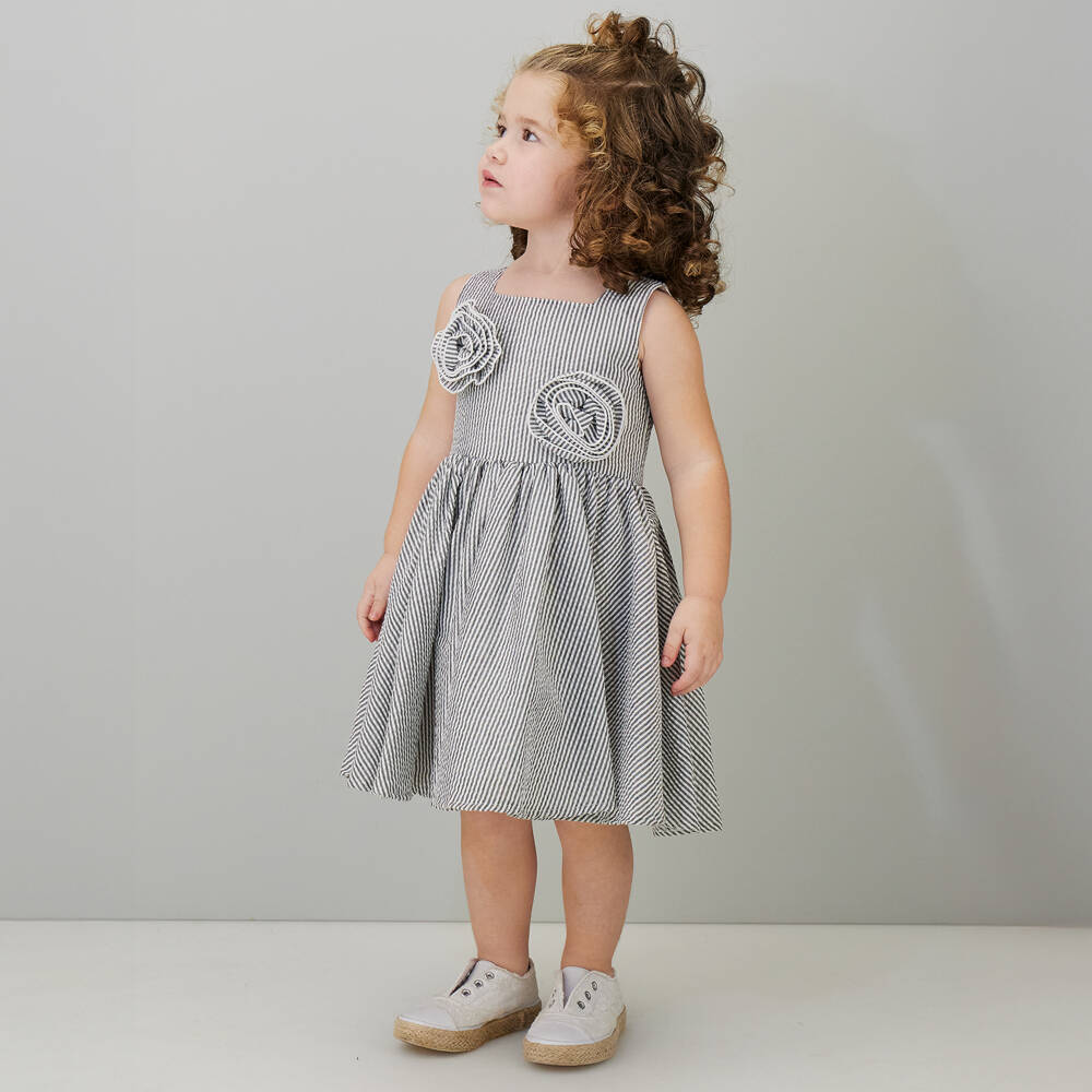iDO-Girls Grey & White Striped Seersucker Dress | Childrensalon Outlet