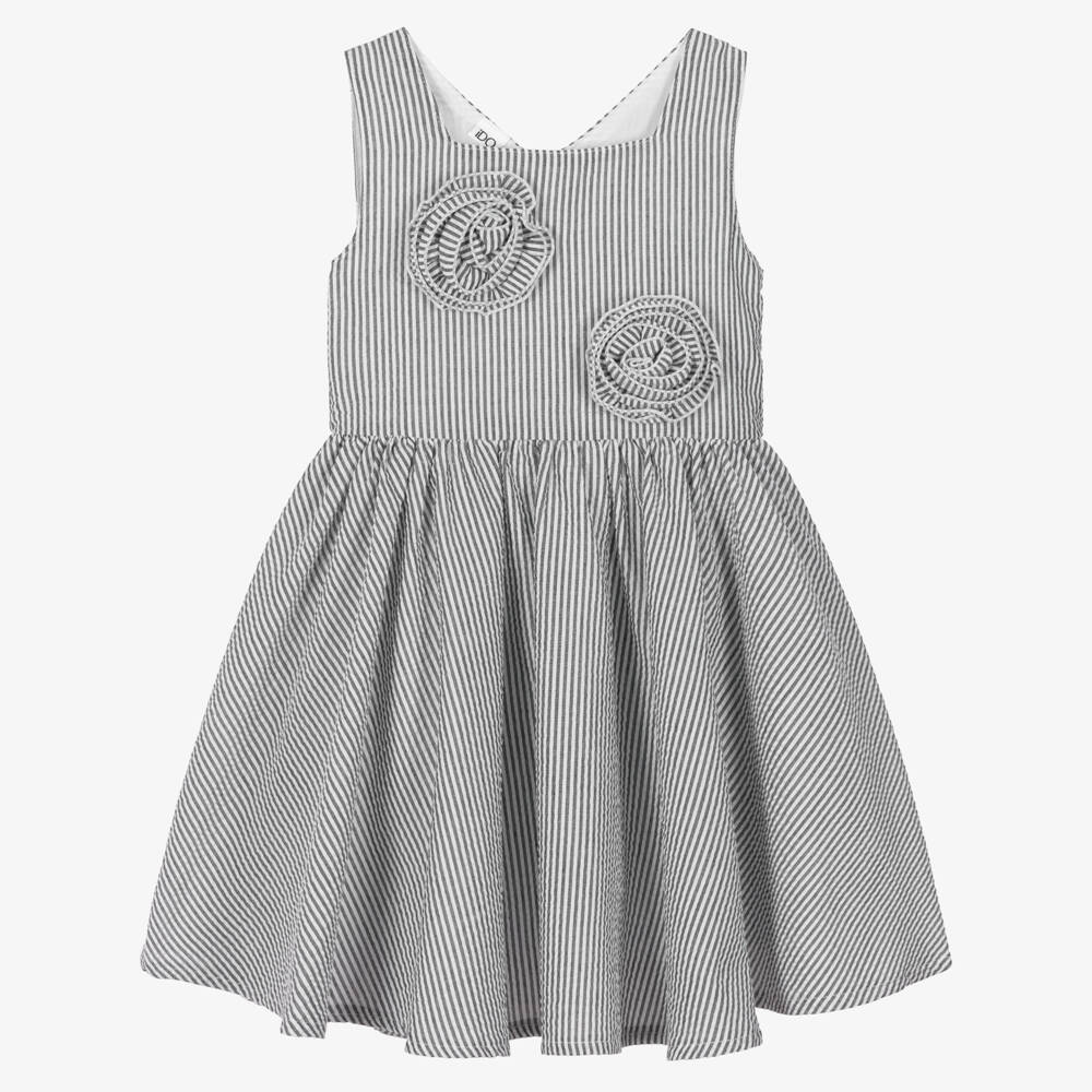 iDO-Girls Grey & White Striped Seersucker Dress | Childrensalon Outlet