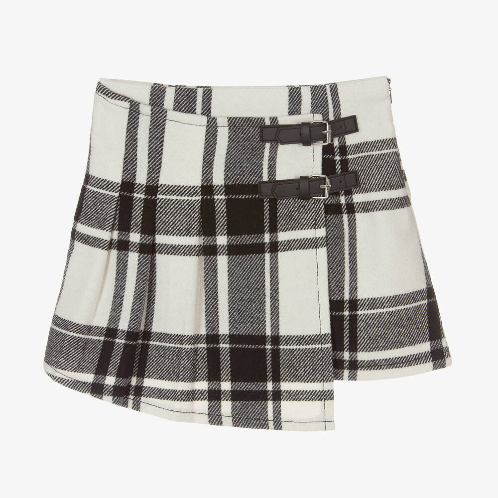 iDO Junior - Girls Ivory & Black Tartan Wool Skirt | Childrensalon