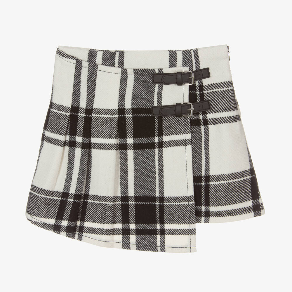 Girls Ivory Black Tartan Wool Skirt