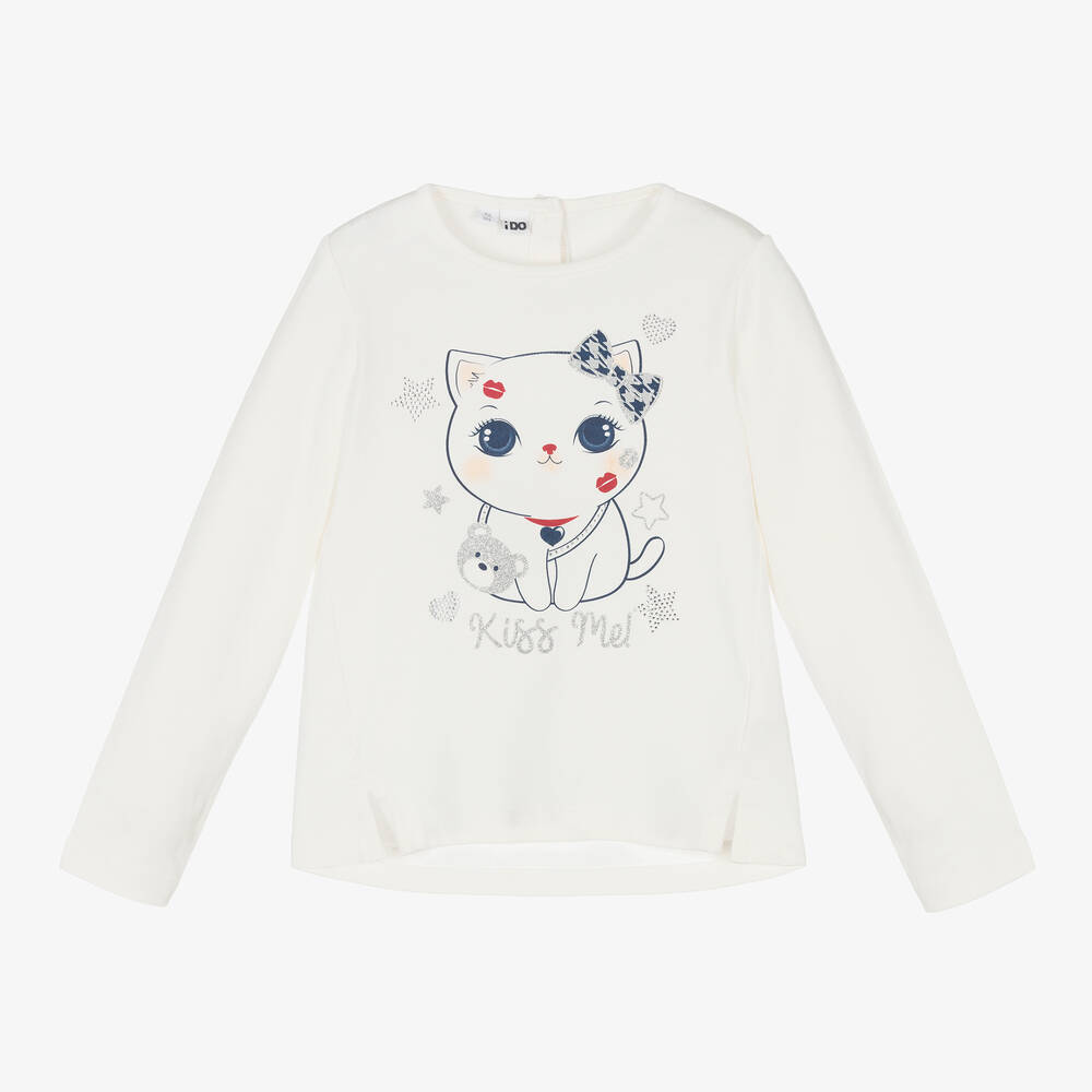 iDO Baby - Girls Ivory Cat Cotton Top | Childrensalon