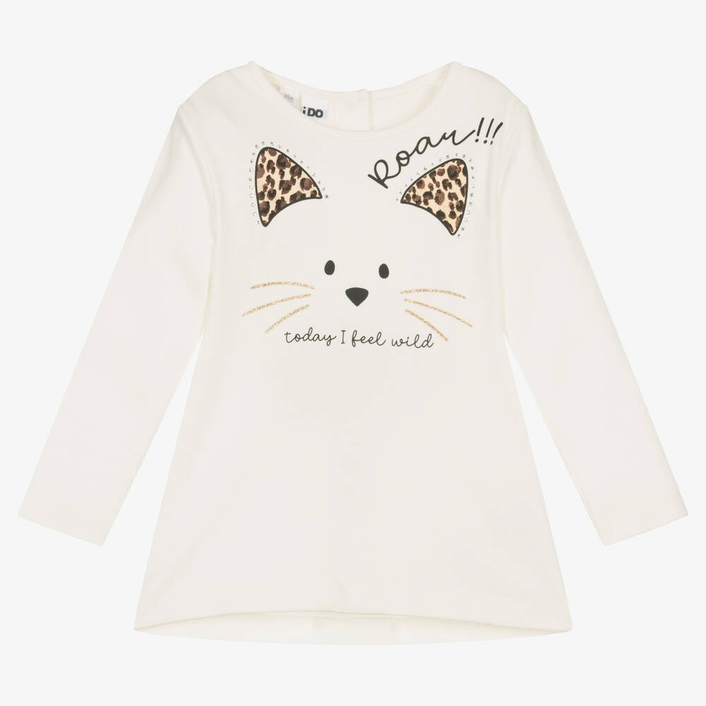 iDO Baby - Girls Ivory Cotton Cat Top | Childrensalon