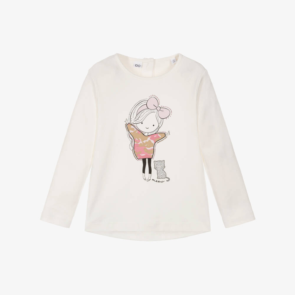iDO-Girls Ivory Cotton Jersey Top with Girl Print & Diamantés | Childrensalon Outlet