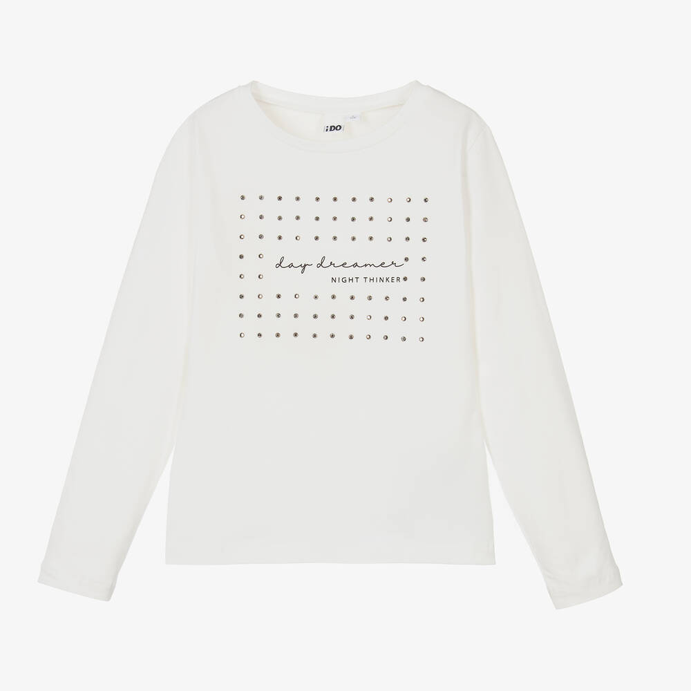 iDO Junior - Girls Ivory Cotton Studded Top | Childrensalon