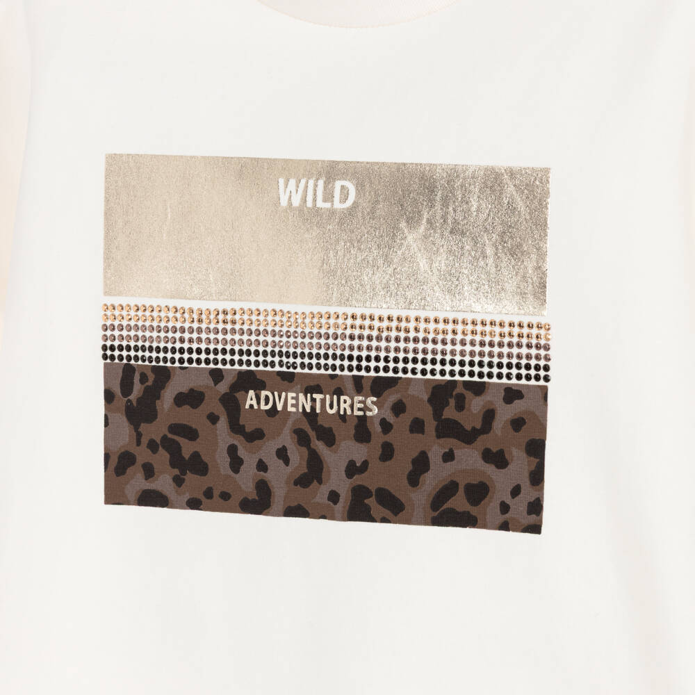 iDO-Girls Ivory Cotton T-Shirt with Rhinestones and Animal Print | Childrensalon Outlet