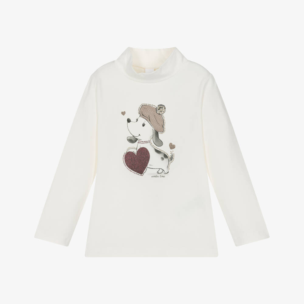 iDO-Girls Ivory Cotton Turtleneck Top with Puppy Print | Childrensalon Outlet
