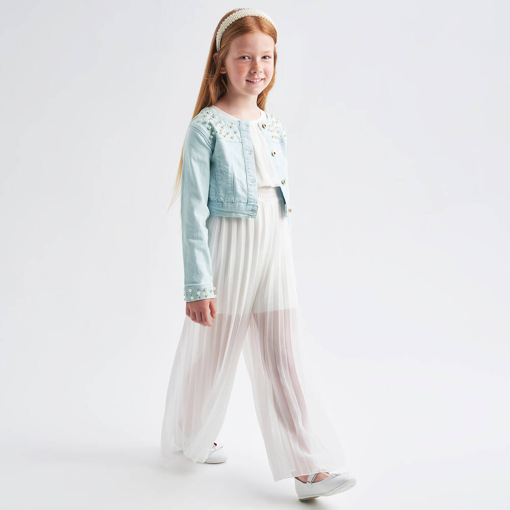 iDO Junior Girls Ivory Crepe Chiffon Pleated Jumpsuit Childrensalon Outlet