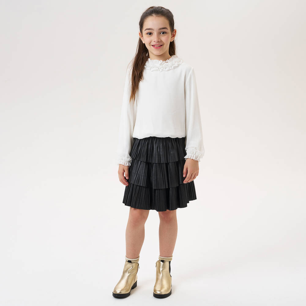 iDO Junior-بلوز كريب شيفون مزين بكشكش لون عاجي للبنات | Childrensalon Outlet