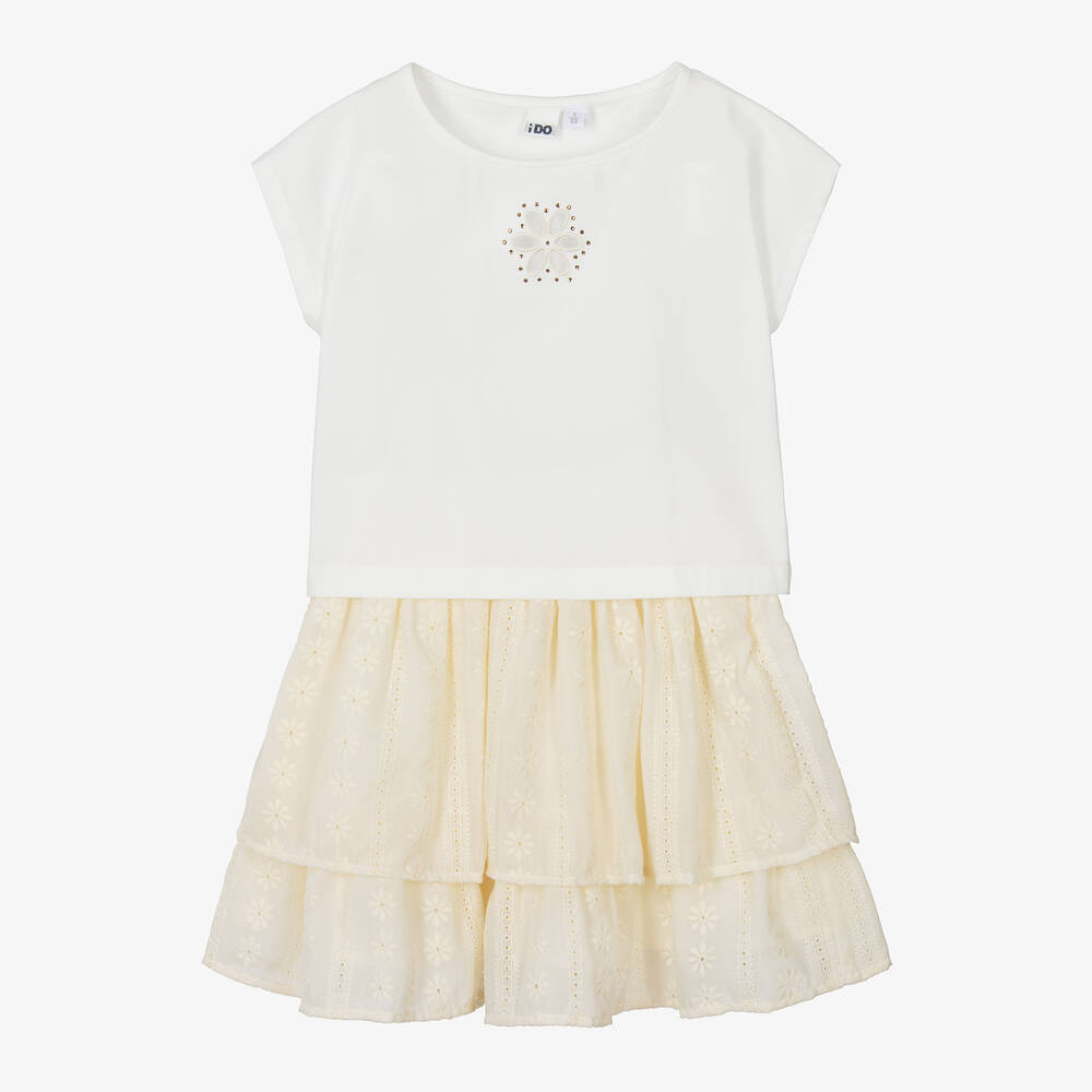 iDO Junior-Girls Ivory Embroidered Cotton Skirt Set | Childrensalon Outlet