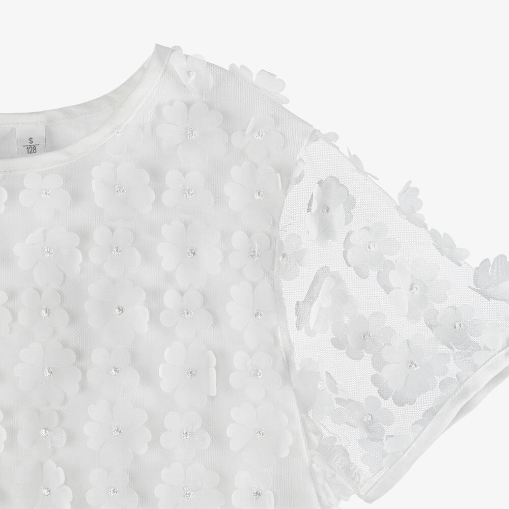 iDO Junior-Girls Ivory Floral Tulle Blouse | Childrensalon Outlet