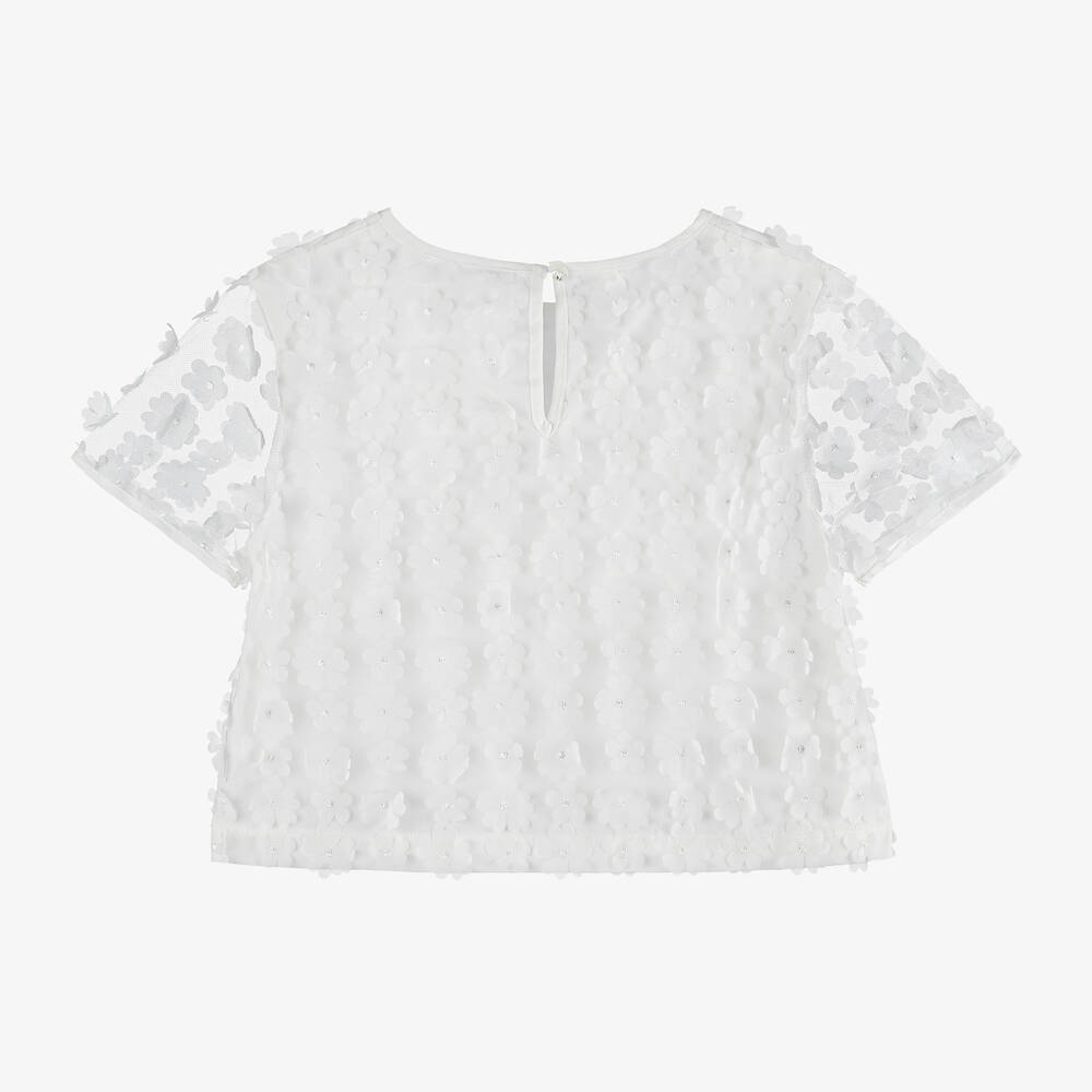 iDO Junior-Girls Ivory Floral Tulle Blouse | Childrensalon Outlet