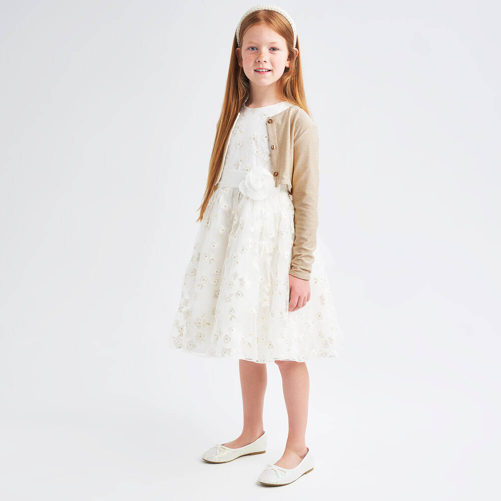 iDO Junior-Girls Ivory Floral Tulle Dress | Childrensalon Outlet