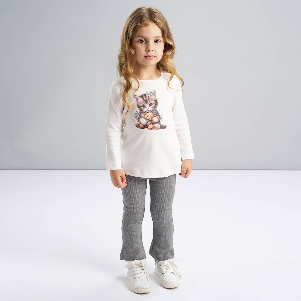 iDO-Girls Ivory & Grey Leggings Set with Cat Motif | Childrensalon Outlet