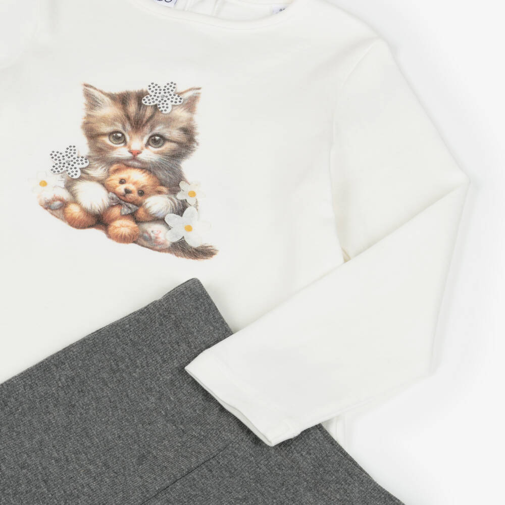 iDO-Girls Ivory & Grey Leggings Set with Cat Motif | Childrensalon Outlet