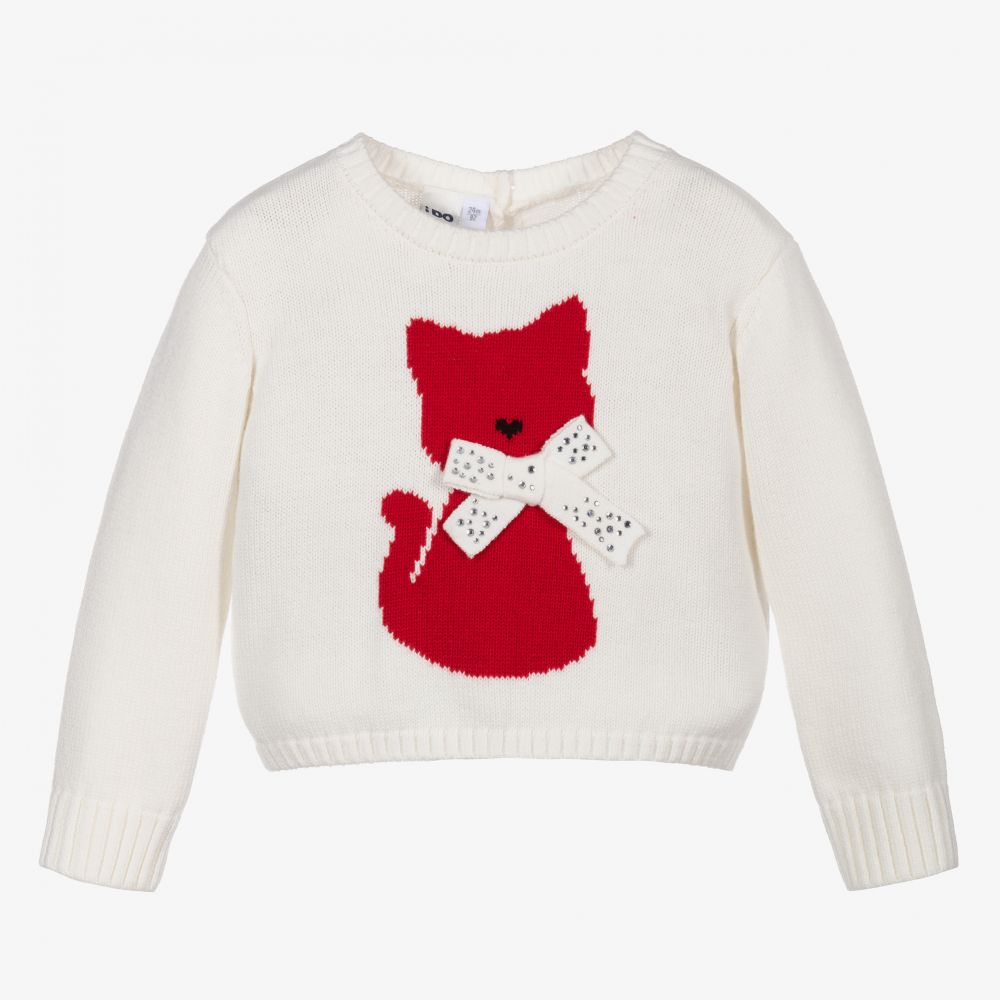 Girls Ivory Red Cat Jumper