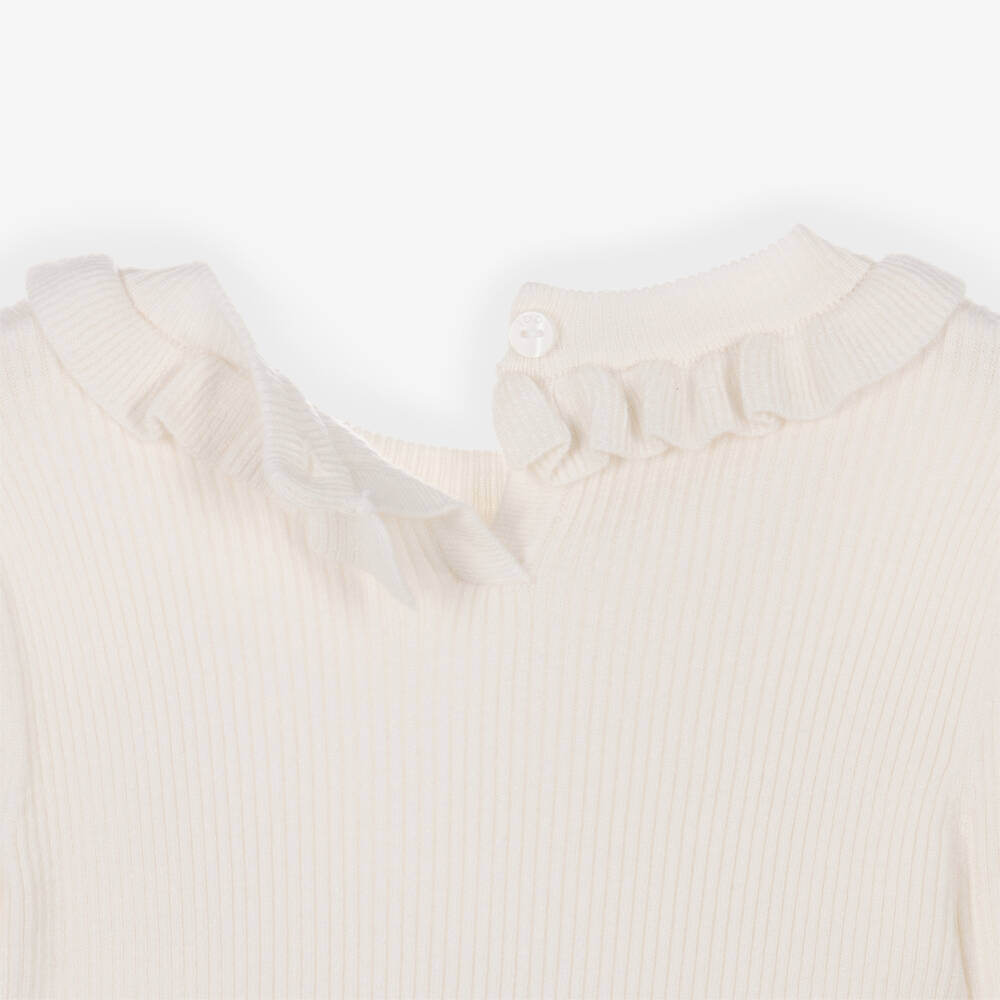 iDO-Girls Ivory Rib Knit Sweater with Ruffle | Childrensalon Outlet