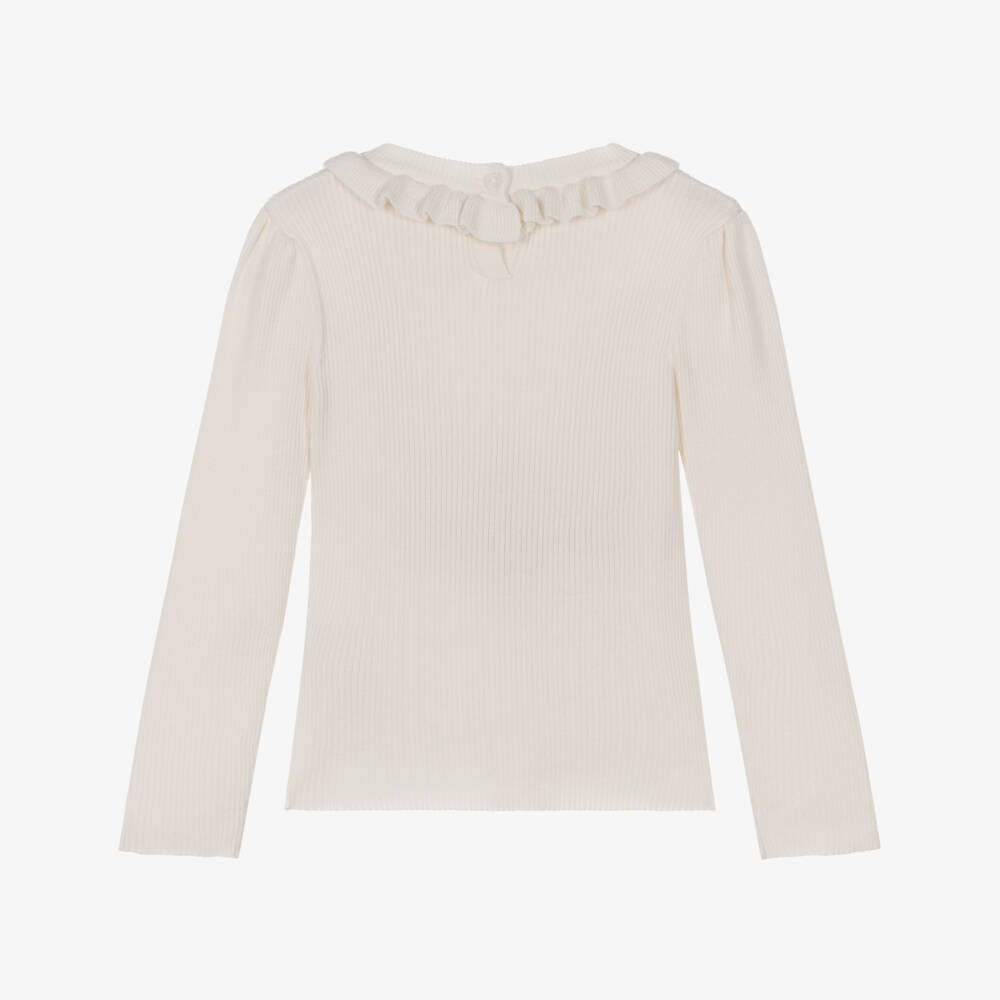 iDO-Girls Ivory Rib Knit Sweater with Ruffle | Childrensalon Outlet