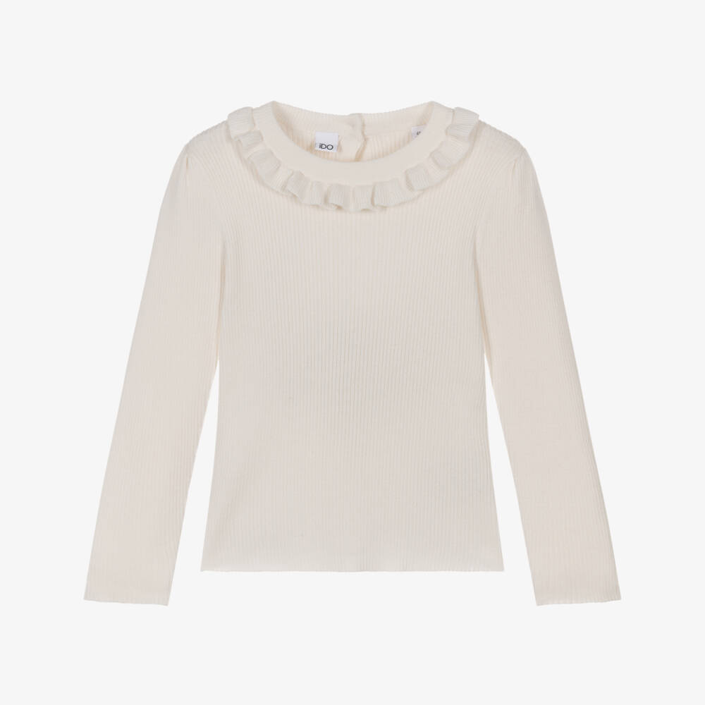 iDO-Girls Ivory Rib Knit Sweater with Ruffle | Childrensalon Outlet