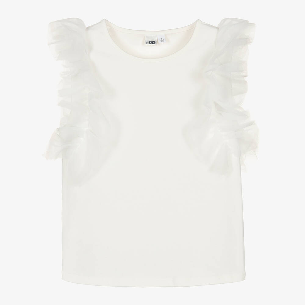 iDO Junior-Girls Ivory Ruffle Cotton T-Shirt | Childrensalon Outlet